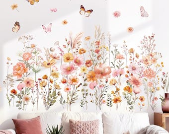 Láminas de flores silvestres DECOWALL - Pegatinas de flores silvestres de prado de melocotón para decorar el dormitorio, la sala de estar o la habitación de un bebé (SG2-2506)