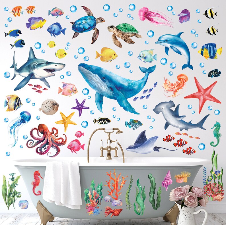 DECOWALL Ocean Animals Wall Art Prints – Watercolour Sea Life Stickers ...
