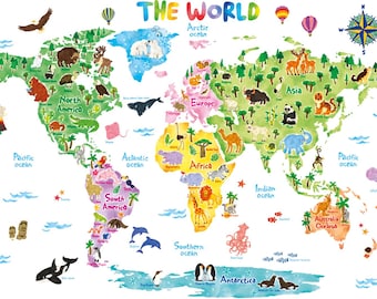 Pegatinas de pared con mapa del mundo animal de DECOWALL: calcomanías educativas para habitación infantil, sala de juegos o aula (DL3-1615)