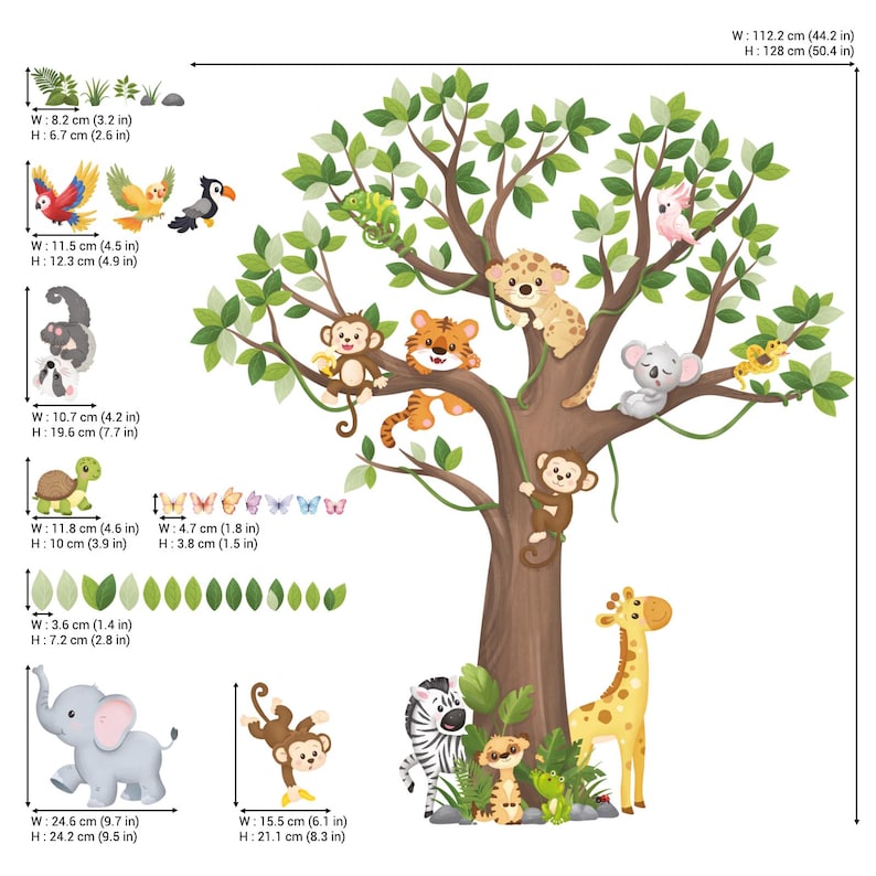 DECOWALL Jungle Animal Tree Wall Stickers – Safari Zoo Animal Decals ...