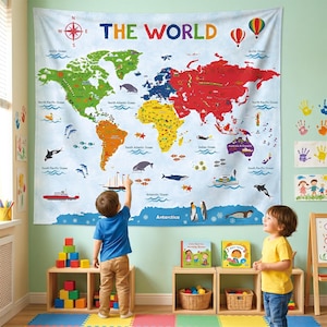 May include: A colorful world map tapestry with the text "THE WORLD" in large, multi-colored letters. The map features continents in various colors, oceans, and illustrations of marine life. Two children are in the foreground, pointing at the map.