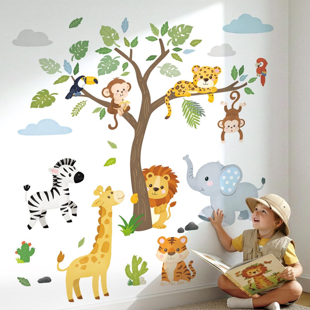 DECOWALL Jungle Animal Wall Art Prints – Safari Tree Stickers for Kids ...