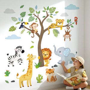 DECOWALL Jungle Animal Wall Art Prints – Safari Tree Stickers for Kids Bedroom Nursery or Playroom Decor (SG2-2418)