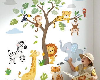 DECOWALL, Impressions d'art murales animaux de la jungle - Stickers arbre de safari pour chambre d'enfants, décoration de chambre d'enfant ou de salle de jeux (SG2-2418)