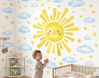 DECOWALL Affiches murales Nuages et Soleil – Stickers Ciel et Soleil Joyeux pour la décoration de la chambre d'enfant, de la crèche, de la salle de jeux ou de la salle de classe (SG4-2610)