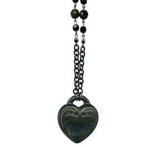 Retrolite Jet Black Ornate Heart Pendant Necklace, Retro Heart Necklace, Vintage Heart
