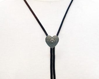Antiqued Pewter Heart Concho Bolo Tie - Made in USA - Western Accessory