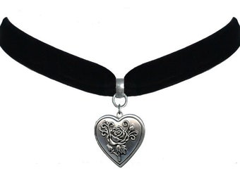 Velvet Heart Locket Choker, Silver Pendant, 90s Retro Necklace