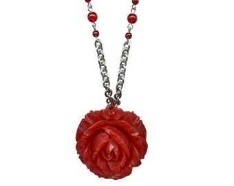 Retrolite Vintage Rose Necklace / Rose Shape Pendant Necklace / Classic Rose Jewelry