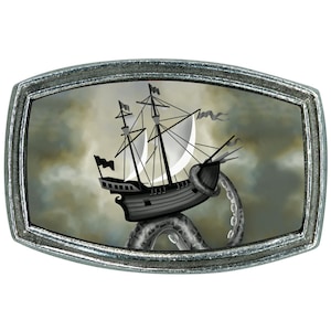 Ship Belt Buckle, Kraken Belt Buckle, Steampunk Belt Buckle,
