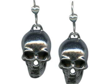 Skull Dangle Earrings - Antiqued Pewter Skull Drop, Hypoallergenic Eurowire