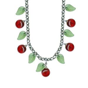 1950s Retro Style Cherry Necklace, Retrolite Cherry Necklace, Glass Beaded Cherry Necklace
