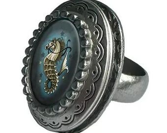 Seahorse Small Oval Pop Art Locket Ring