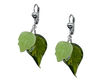 Jade Leaf Duo Dangle Drop Earrings - Tiki Tropical Style Earrings - Made in the USA