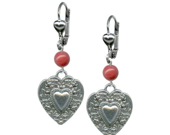 Heart Concho Earrings, Pewter, Red Bead, Boho Cowgirl Style