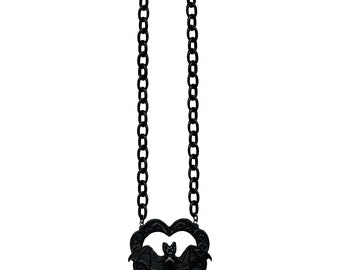 Retro Love Heart Bat Retrolite Chain Necklace, Black