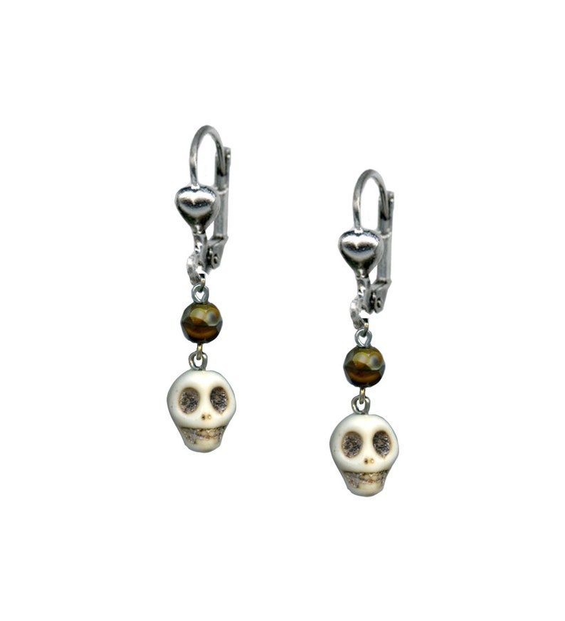 Halloween Skull carved Howlite stone drop dangle Hook EARRINGS Tribal Bohemian 