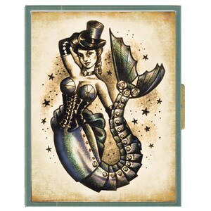 Estuche tipo billetera con diseño de sirena estilo steampunk: elegancia náutica con un toque industrial