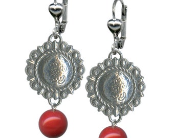 Boho Cowgirl Earrings: Antiqued Pewter Concho with Red Glass Bead