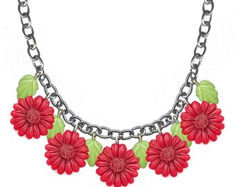 Necklace - Red Daisy and Leaves Multi Drop