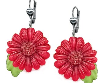Earrings - Daisy Flower and Leaf Dangle