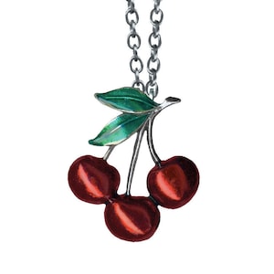 1950s Retro Style Cherry Necklace, Pin Up Cherry Necklace, Hand Painted Charm, Cherry Silver Plated Necklace, Adjustable Cherry Necklace