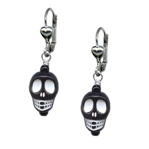 Black Skull Howlite Dangle Earrings - Day of the Dead Skull Earrings - Gothic Style Jewelry