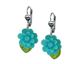 Earrings - Turquoise Flower and Leaf Dangle