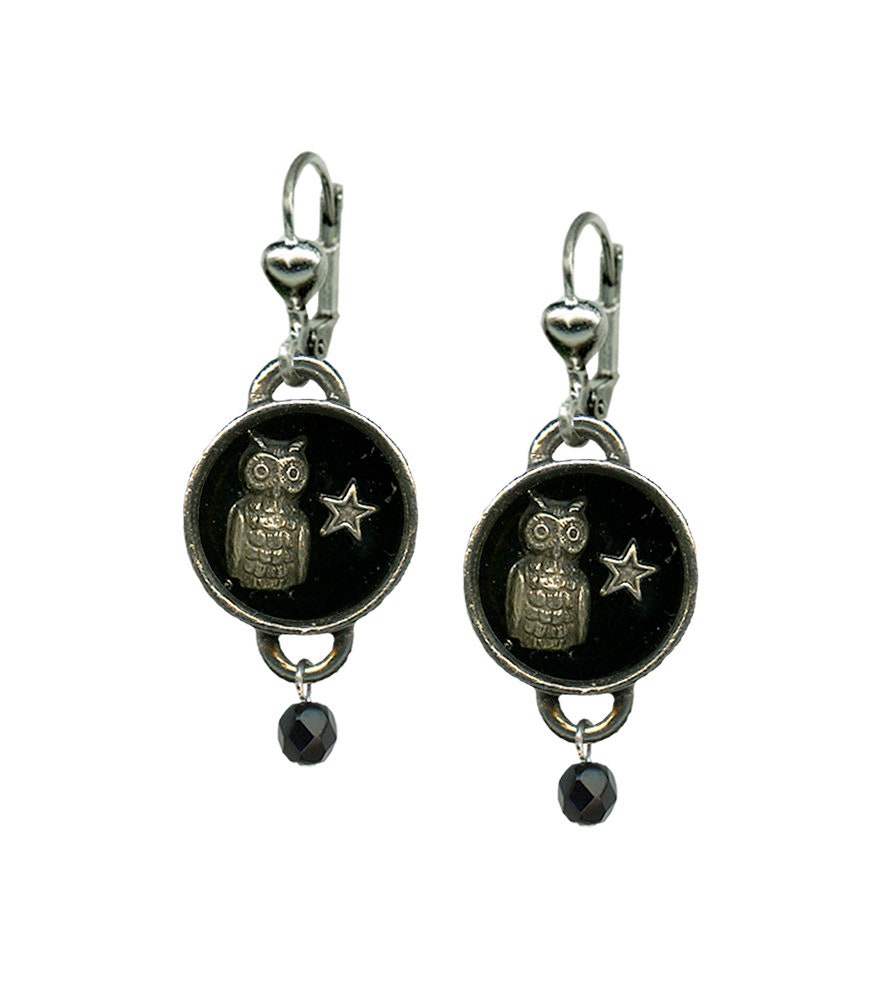 Night Owl Dangle Earrings: Shadow Box Charm, Jet Bead