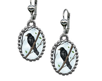 Small Crow Oval Pop Art Earrings