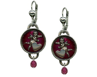 Shadow Box Cupid Heart Dangle Earrings, Cherub Earrings, Love Friendship Jewelry