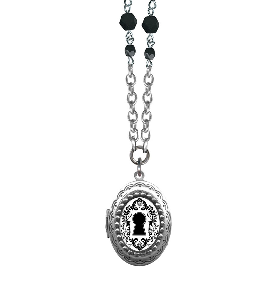 Small Keyhole Oval Locket, Silver Necklace, Vintage Locket