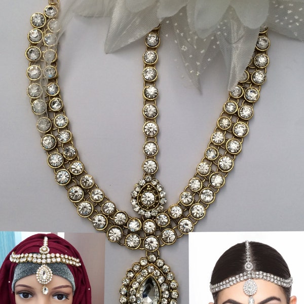 Stunning  crystal kundan stones gold hijab bridal wedding headpiece head jewellery matha patti tikka