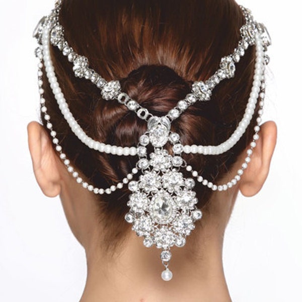 Stunning silver crystal kundan stones faux pearl hijab bridal wedding headpiece head jewellery matha patti tikka