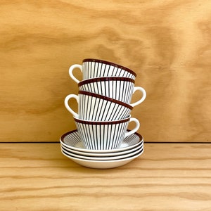 4 Spisa Ribb Flat Cups and Saucers by Stig Lindberg for Gustavsberg, Sweden