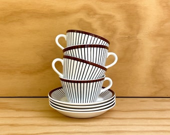 4 tazas y platillos planos Spisa Ribb de Stig Lindberg para Gustavsberg, Suecia