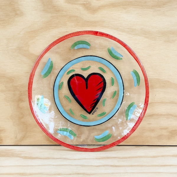 Kosta Boda Hand Painted Heart Glass Platter / Plate by Ulrica Hydman Vallien