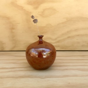 May include: A small, round, brown ceramic vase with a narrow neck, holding a dried flower stem with two seed heads. The vase has a glossy finish and sits on a light-colored wooden surface. The background is a light wood panel.
