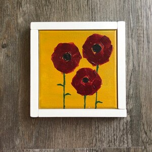 Mini Abstract Acrylic Painting &quot;Crimson Flowers&quot; / 5&quot; framed original canvas wall art, home decor