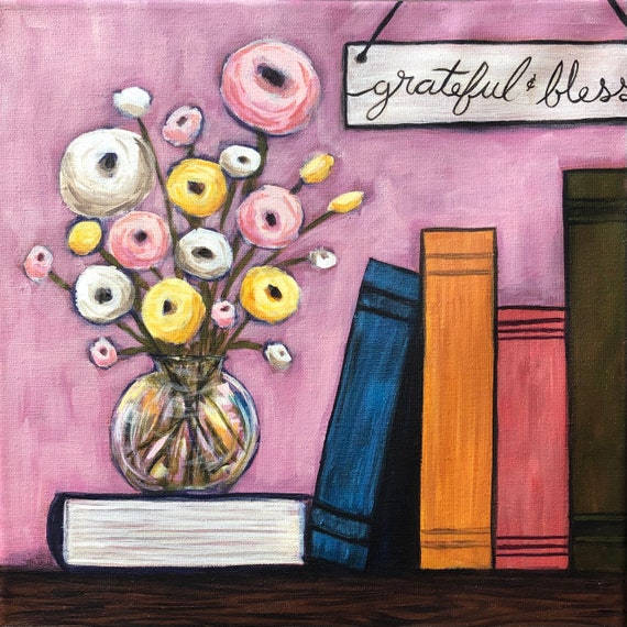 Acrylic Painting flowers on a Bookshelf Abstract Floral Decor