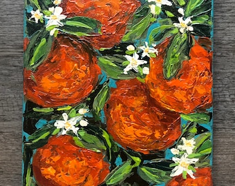 May include: A painting of orange trees with ripe oranges and white blossoms. The oranges are painted in a textured style with orange, red, and yellow hues. The leaves are green and the blossoms are white.