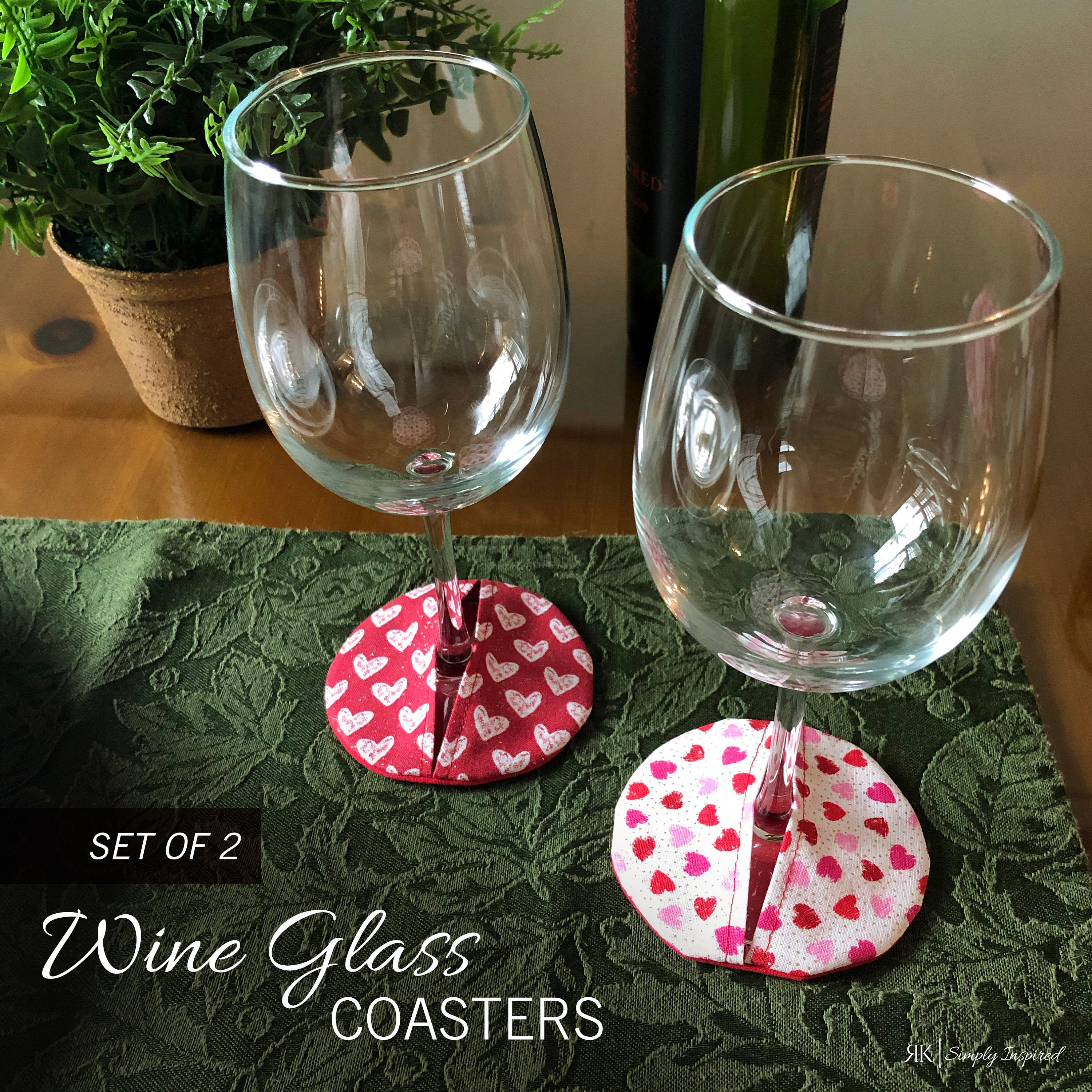 Valentine's Day Wine Glass Coasters, set of 2 fabric coasters, wine accessories, drink coaster gift set, glass stemware coasters, date night