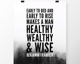Benjamin Franklin Quote Poster Printable Wall Art "Early to bed and early to rise" Motivational Quote, Success Quote, Minimalist Art Print
