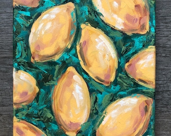 Painting "Summer Lemons" acrylic on canvas, fruit painting, citrus painting, 8x10 painting, lemon citrus theme decor, kitchen wall art