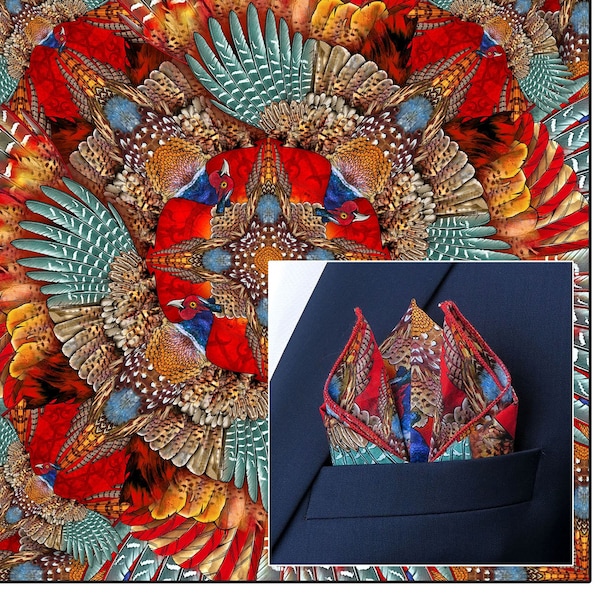 Silk Pheasant Phoenix Pocket Square, Cotton Tana Lawn, Cravat, Handkerchief,