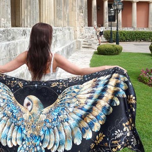 Owl Scarf, Barn Owl Black shawl, gift for her, owl present, sarong, bird scarf, wing scarf, cotton or silk mothers day, owl shawl, owl gift,