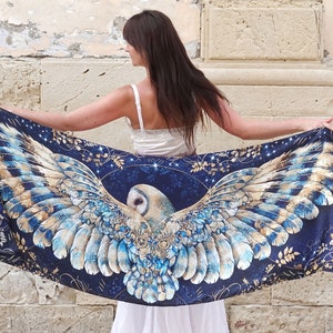 New Night Owl Wing Scarf, Acclaimed British Artist, Silk, cotton shawl, Mothers Day, gift for her, feather scarf, owl shawl, owl gift image 1