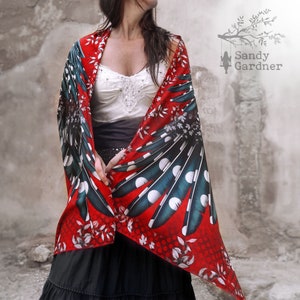 Red winged Scarf LOW STOCK, Woodpecker, polka dot, shawl, gift for her, bird, scarf, bird wings, winged shawl, red scarf, prom, Christmas