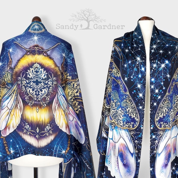 Bumble Bee silk scarf shawl or cotton, gift for her, wings zodiac Constellations universe galaxies star signs, horoscope, gift for artist