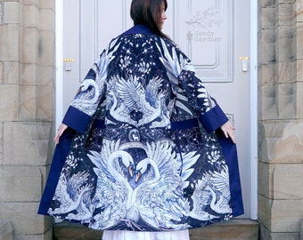 New, Lunar Swans, robe of wings, cotton lawn kimono, robe, dressing gown, long jacket, gown, cover up, throw over, kaftan, cloak